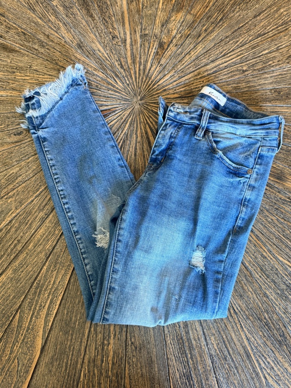 KanCan Light Blue Distressed Ankle Jean with Asymmetrical Fringe Hem